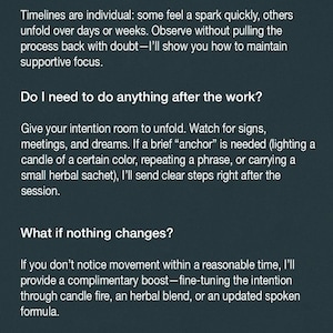 May include: A dark teal informational graphic titled Q&A with white text addressing inquiries about results, post-work actions, and lack of change. The text includes Manifestations by Agatha LAURELITE at the bottom, detailing processes like candle lighting.