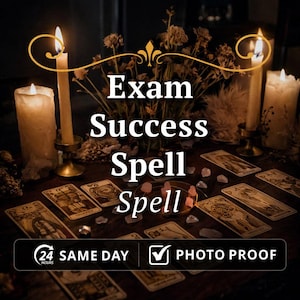 Pode incluir: Uma imagem com velas acesas, cartas de tarô e o texto "Exam Success Spell Spell". A cena inclui flores e cristais, com uma faixa que diz "24 Hours Same Day" e "Photo Proof."