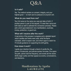 May include: A dark blue informational graphic titled Q&A with white text detailing a service process. It explains safety, requirements like full names and birth dates, deliverables including a photo and report, and the use of candles, herbs, and formulas.