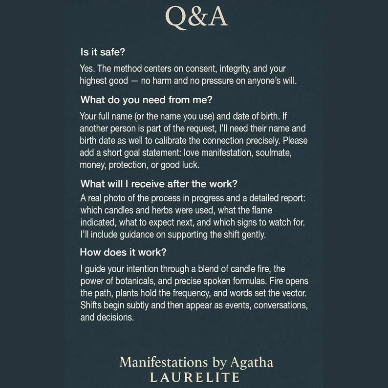 May include: A dark blue informational graphic titled Q&A with white text detailing a service process. It explains safety, requirements like full names and birth dates, deliverables including a photo and report, and the use of candles, herbs, and formulas.