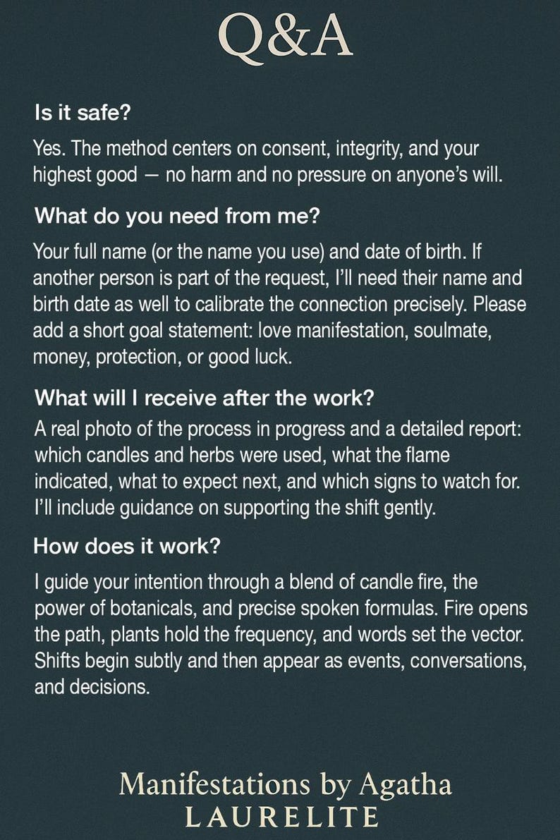 May include: A dark teal informational graphic titled Q&A with white text detailing a service process. It explains safety, requirements like names and birth dates, deliverables including photos and reports, and the methodology using candles and botanicals.
