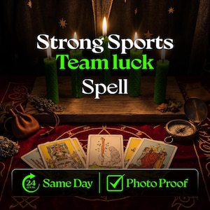 May include: Five green textured pillar candles with lit flames arranged on a wooden board. Below are three tarot cards, a small leather pouch, and a compass. Text reads: Strong Sports Team luck Spell, 24 Hours Same Day, and Photo Proof.