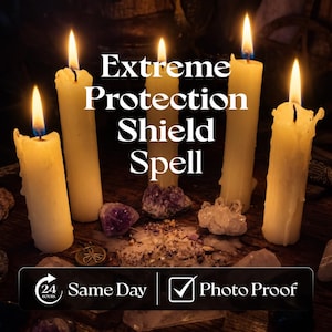 May include: Five off-white pillar candles with lit flames arranged in a semi-circle, surrounded by purple amethyst and clear quartz crystals. The text reads Extreme Protection Shield Spell, 24 Hours Same Day, and Photo Proof.