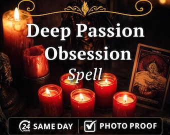 Pode incluir: Uma imagem escura com velas vermelhas acesas, uma carta de tarô e o texto "Deep Passion Obsession Spell". A imagem também inclui o texto "24 HOURS SAME DAY" e "PHOTO PROOF".