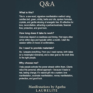 May include: A dark blue informational graphic titled Q&A, detailing a manifestation service. It explains a method using red, green, and white candles, herbs, oils, and crystals for love, financial flow, and protection, signed by Manifestations by Agatha LAURELITE.