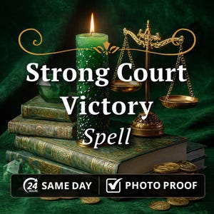 Puede incluir: En esta imagen se muestra una vela verde con una llama encendida, una balanza dorada y una pila de libros antiguos. El texto "Strong Court Victory Spell" se muestra de forma destacada. Monedas de oro están esparcidas alrededor de los libros. La imagen también incluye el texto "24 Hours Same Day" y "Photo Proof".
