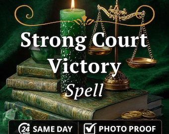 May include: A green candle with a lit flame, a golden scale, and a stack of old books are featured in this image. The text "Strong Court Victory Spell" is displayed prominently. Gold coins are scattered around the books. The image also includes the text "24 Hours Same Day" and "Photo Proof".
