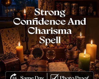 May include: A collection of ritual items including a leather-bound book with a pentacle charm, a crystal ball, a small cauldron, and various lit candles in yellow, green, and black. The text reads Strong Confidence And Charisma Spell, 24 Hours Same Day, Photo Proof.