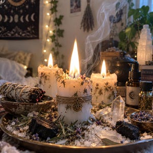 May include: Three white pillar candles with dried herbs and flowers embedded in the wax, each with a lit flame. The center candle features a jute twine wrap with a gold-toned eye charm. The candles sit on a tray with salt, crystals, and herbs.