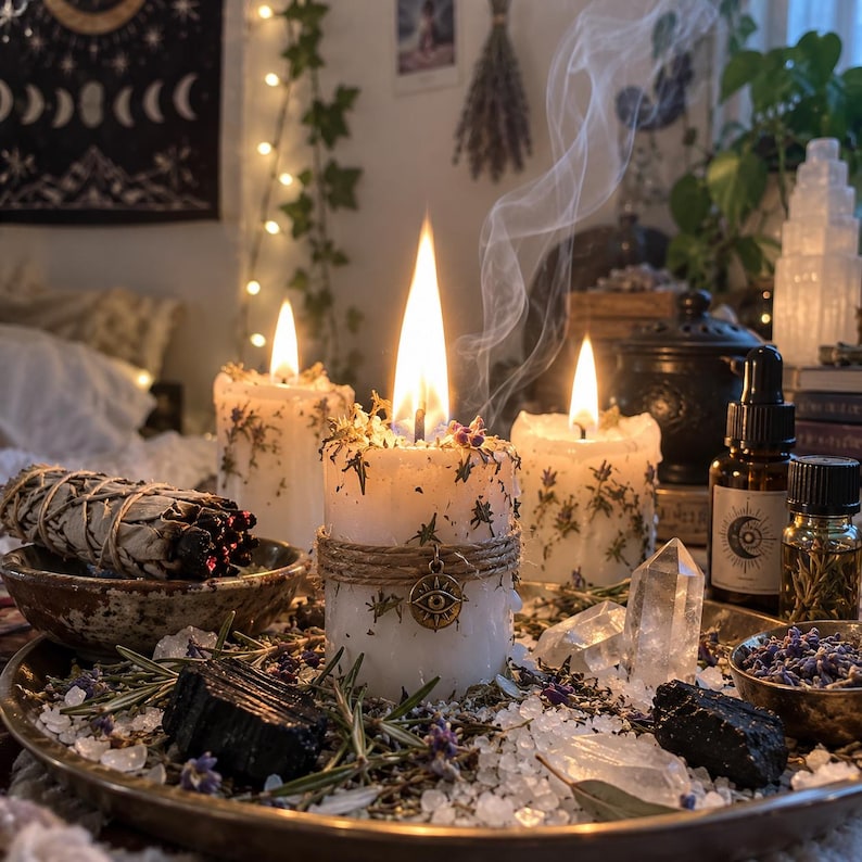 May include: Three white pillar candles with dried herbs and flowers embedded in the wax, each with a lit flame. The center candle features a jute twine wrap with a gold-toned eye charm. The candles sit on a tray with salt, crystals, and herbs.