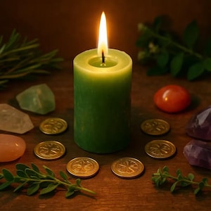 May include: A green pillar candle with a lit flame surrounded by four gold-colored coins, various polished and raw crystals in shades of clear, pink, orange, and purple, and sprigs of green rosemary and other small leafy herbs.