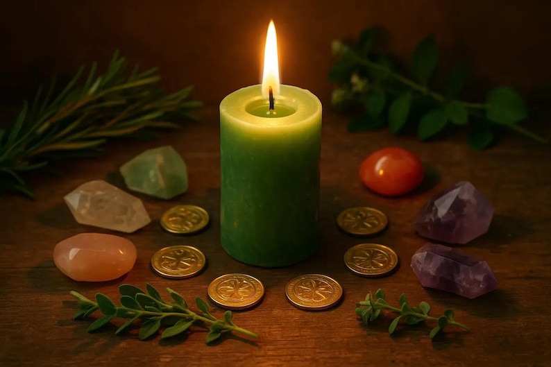 May include: A green pillar candle with a lit flame surrounded by four gold-colored coins, various polished and raw crystals in shades of clear, pink, orange, and purple, and sprigs of green rosemary and other small leafy herbs.