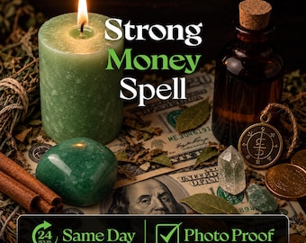 May include: A green pillar candle with a lit flame, a brown glass bottle with a cork stopper, a green stone, a clear crystal, cinnamon sticks, gold coins, and US dollar bills. Text reads: Strong Money Spell, 24 Hours Same Day, Photo Proof.
