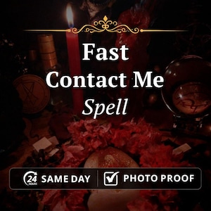 以下が含まれることがあります： 赤いろうそくの火と「Fast Contact Me Spell」のテキストが特徴の画像。クリスタルボール、丸いオブジェクト、「Same Day」と「Photo Proof」の文字が含まれています。背景には様々なオカルトアイテムが写っています。