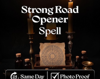 May include: Three lit candles in metal holders, a small wooden chest, and a piece of parchment with a circular geometric design. Dark amber glass bottles with cork stoppers are arranged nearby. Text reads: Strong Road Opener Spell, 24 Hours Same Day, Photo Proof.