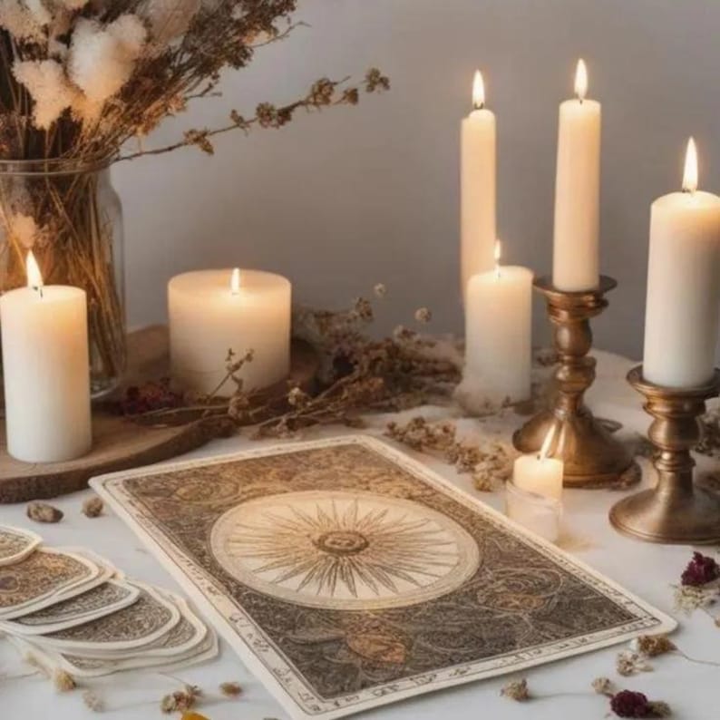 May include: A collection of white pillar candles, some placed in brass-toned metal holders, arranged alongside a rectangular card featuring a sunburst illustration and a glass vase filled with dried botanical stems on a flat surface.
