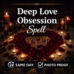 Puede incluir: Un arreglo en forma de corazón de pétalos de rosa rojos rodea una baraja de cartas de tarot, iluminado por varias velas encendidas. El texto dice Deep Love Obsession Spell, 24 HOURS SAME DAY y PHOTO PROOF.