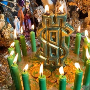 May include: A large, metallic gold dollar sign candle with two lit wicks, surrounded by numerous thin, lit green taper candles and scattered gold-colored coins on a reflective silver tray, with various religious figurines in the background.
