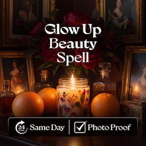 Könnte beinhalten: Eine brennende Kerze in einem mit gepressten Blumen verzierten Glasgefäß, platziert zwischen drei Orangen und zwei Glaskaraffen. Der Text Glow Up Beauty Spell steht zentriert über der Kerze, mit einem 24 Hours Same Day Photo Proof Etikett.