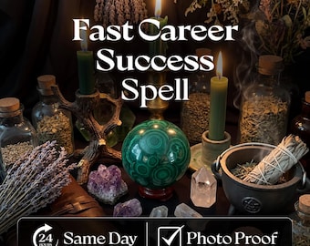 May include: A green malachite sphere on a wooden stand surrounded by lit green candles, glass jars with dried herbs, amethyst clusters, a clear quartz point, and a small cauldron with a sage bundle. Text reads: Fast Career Success Spell.
