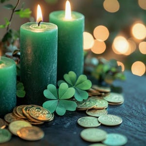 May include: Three cylindrical green candles with lit flames, surrounded by green clover leaves and scattered gold-colored coins. The scene features a dark, textured surface with a soft, out-of-focus background of warm, glowing circular lights.