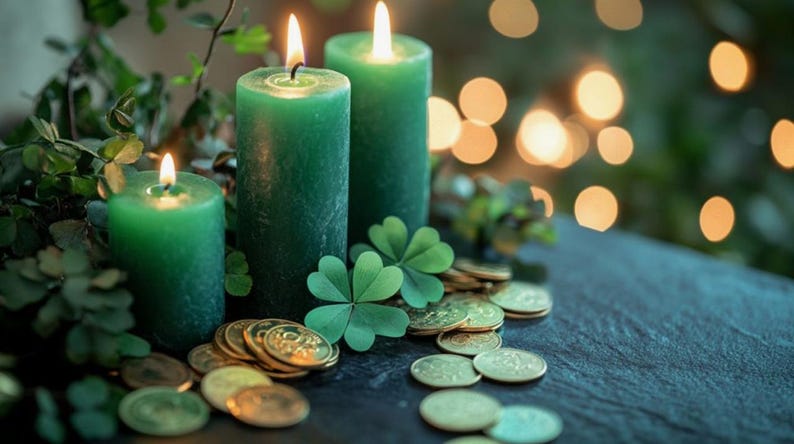 May include: Three cylindrical green candles with lit flames, surrounded by green clover leaves and scattered gold-colored coins. The scene features a dark, textured surface with a soft, out-of-focus background of warm, glowing circular lights.