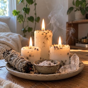 May include: Three white cylindrical pillar candles with embedded dried herbs and lit wicks, accompanied by a sage smudge stick, a small ceramic bowl filled with coarse salt, and two clear quartz crystal points on a round ceramic tray.