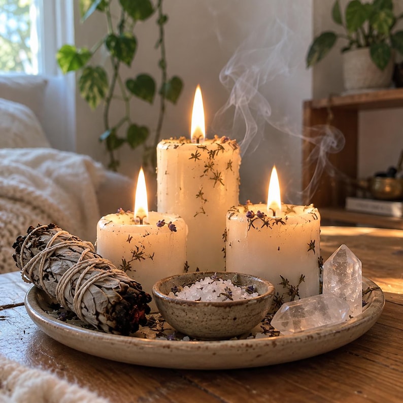 May include: Three white cylindrical pillar candles with embedded dried herbs and lit wicks, accompanied by a sage smudge stick, a small ceramic bowl filled with coarse salt, and two clear quartz crystal points on a round ceramic tray.