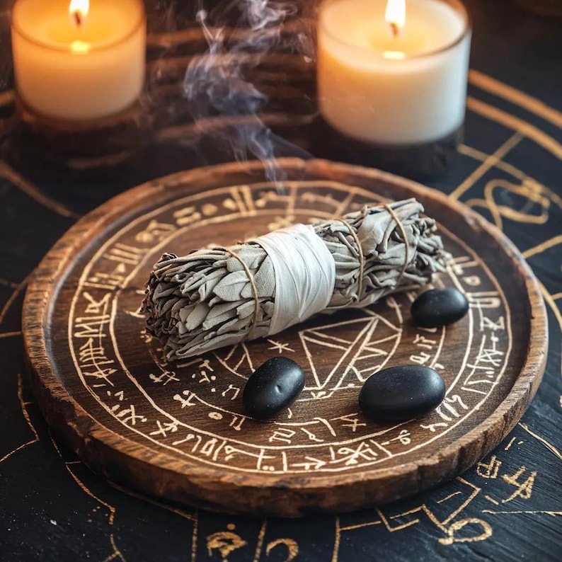 May include: A cylindrical bundle of dried sage leaves tied with white string and twine, resting on a round wooden tray engraved with gold circular symbols. Three smooth black stones are placed near the sage, with wisps of smoke rising upward.