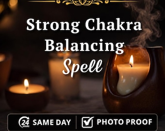 May include: A white candle in a dark brown curved holder with a lit wick and rising smoke. The text reads Strong Chakra Balancing Spell, 24 HOURS SAME DAY, and PHOTO PROOF. A second lit candle is visible in the blurred background.