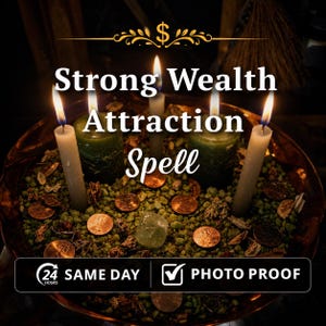 Könnte beinhalten: Eine kupferfarbene Schale gefüllt mit grünen Kräutern und Kupfermünzen, mit vier brennenden Stabkerzen und einer zentralen Stumpenkerze. Der Text lautet Strong Wealth Attraction Spell, 24 HOURS SAME DAY und PHOTO PROOF mit einem Haken.