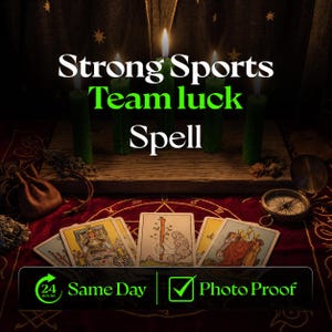 May include: Five green pillar candles stand on a wooden board behind three tarot cards on a red cloth. The text reads Strong Sports Team luck Spell, 24 Hours Same Day, and Photo Proof. A small leather pouch and a compass are also visible.