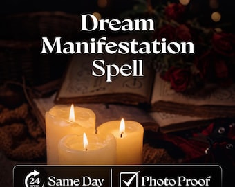 May include: Three off-white pillar candles with glowing flames are positioned in front of an open book and red roses. The text "Dream Manifestation Spell" is centered above the candles, with a black banner below reading "24 Hours Same Day Photo Proof".