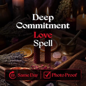 May include: Two dark red textured beeswax candles with lit flames, positioned behind dried lavender, orange slices, and crystals. The text reads Deep Commitment Love Spell, 24 Hours Same Day, and Photo Proof. The items are arranged on a wooden tray.