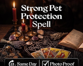 May include: A black cat sits behind a black altar cloth featuring a white pentagram, three red candles in brass holders, amethyst clusters, a bundle of lavender, a small skull, tarot cards, and an open book with the text Strong Pet Protection Spell.