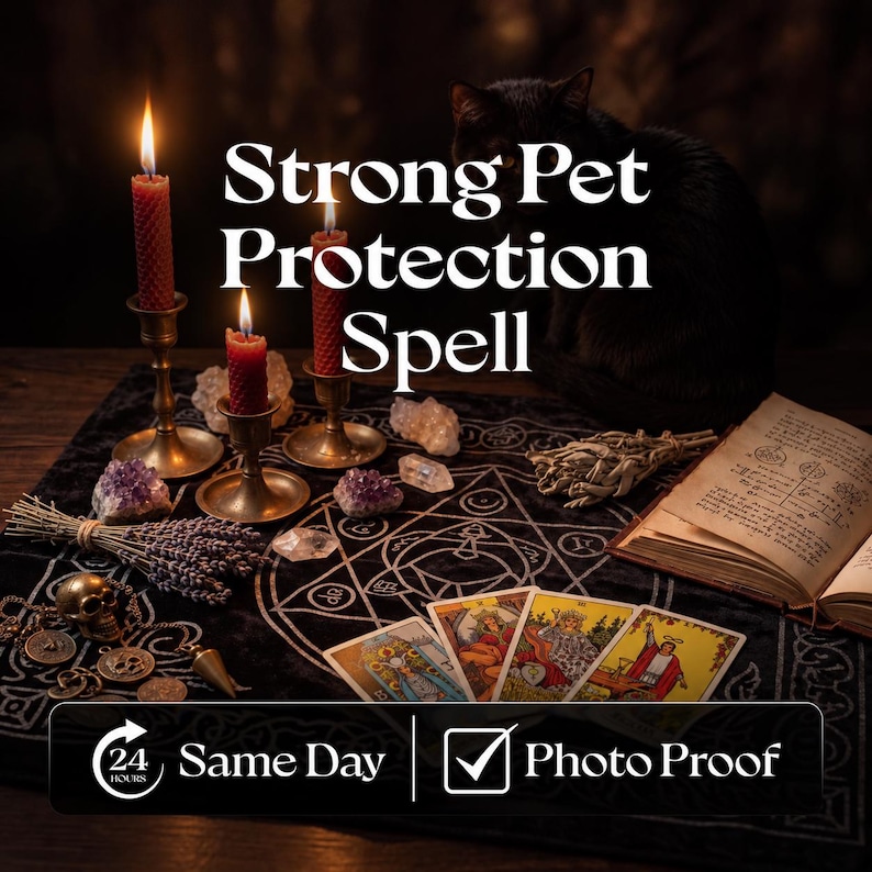 May include: A black cat sits behind a black altar cloth featuring a white pentagram, three red candles in brass holders, amethyst clusters, a bundle of lavender, a small skull, tarot cards, and an open book with the text Strong Pet Protection Spell.