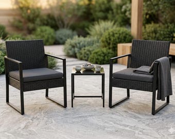 3 Piece Outdoor Patio Furniture Set, Rattan Bistro Set with Cushions, Wicker Chairs and Glass Table for Garden Balcony Backyard