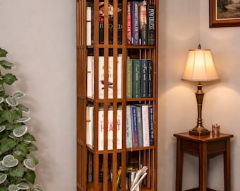 360 Rotating Bamboo Bookshelf Tower – 6 Tier Spinning Bookcase, Narrow Floor Standing Book Organizer for Small Spaces