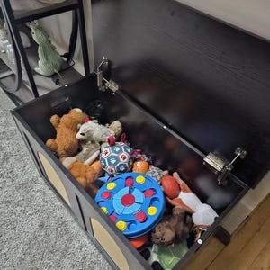 May include: A black wooden toy chest with a hinged lid, filled with various stuffed animals and toys. The chest has decorative side panels and is open, revealing the contents. The toys include teddy bears, balls, and a blue and red toy.