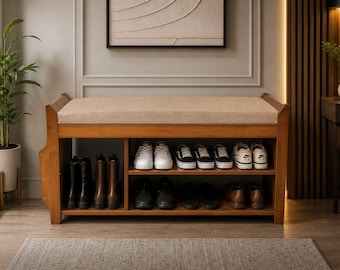 Bamboo Shoe Bench with Cushion Entryway Storage Bench 2 Tier Shoe Rack Organizer Wooden Hallway Bench with Drawer and Side Holder