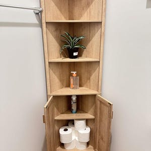 Tall Corner Shelf Cabinet with Doors, 6 Tier Storage Unit, Bathroom Corner Organizer, Small Space Storage Furniture,  Living Room Shelf