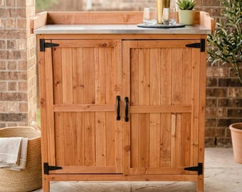 Wooden Garden Potting Bench with Storage Cabinet, Outdoor Work Table with Metal Top, Rolling Planting Table for Patio Backyard