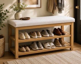 Mid Century Shoe Bench with Cushion Wooden Entryway Bench 2 Tier Shoe Rack Storage Seat Modern Hallway Bench Solid Wood Organizer