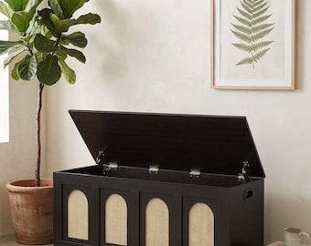 Large Wooden Storage Chest Bench with Lid, Rattan Style Toy Box, Entryway Shoe Bench, Farmhouse Storage Trunk, Bedroom Organizer