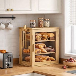May include: A wooden bread box with glass doors displays various baked goods, including croissants and loaves of bread. Three glass jars with copper-colored lids sit on top. A toaster and a bowl of fruit are also visible.