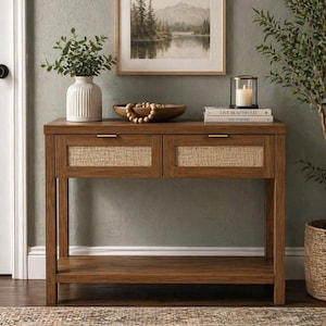 May include: A wooden console table with two woven rattan drawer fronts. The table is topped with a white vase, a wooden bowl with beads, a framed landscape painting, and a candle in a glass holder. The table has a lower shelf.