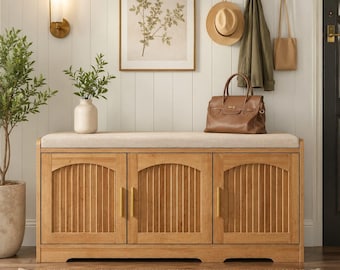 Shoe Storage Bench with Cushion Seat, Fluted Entryway Shoe Cabinet, Wooden Hallway Bench with Adjustable Shelves, Rustic Shoe Organizer