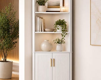 Tall Corner Shelf Cabinet with Doors, 6 Tier Storage Unit, Bathroom Corner Organizer, Small Space Storage Furniture,  Living Room Shelf