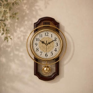 May include: A wall clock featuring a dark brown wooden frame with a circular gold-toned metal accent ring. The clock face has black Arabic numerals, ornate black hands, and a central cream-colored floral pattern. A gold pendulum hangs below.