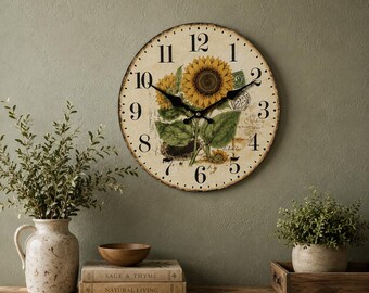 Sunflower Wall Clock | Rustic Farmhouse Wooden Decor | Silent Non-Ticking Timepiece